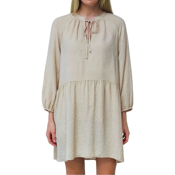 H&M Beige Shift Dress Balloon Sleeve Lined Crepe Chiffon V-neck Short sz M - Picture 1 of 9